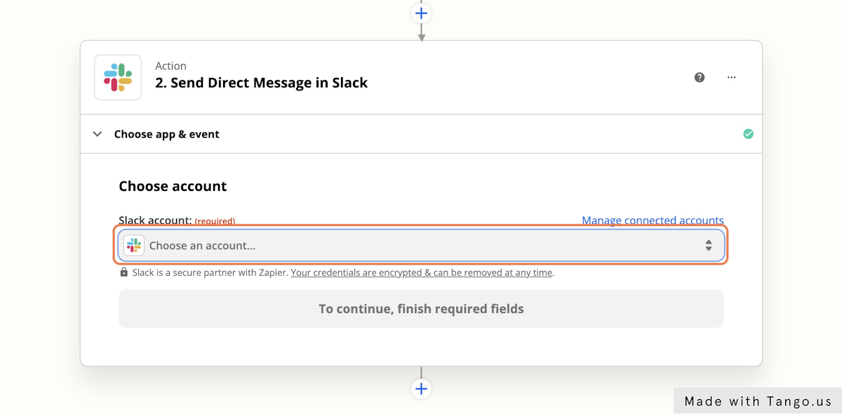 Zapier will prompt you to select the relevant Slack account