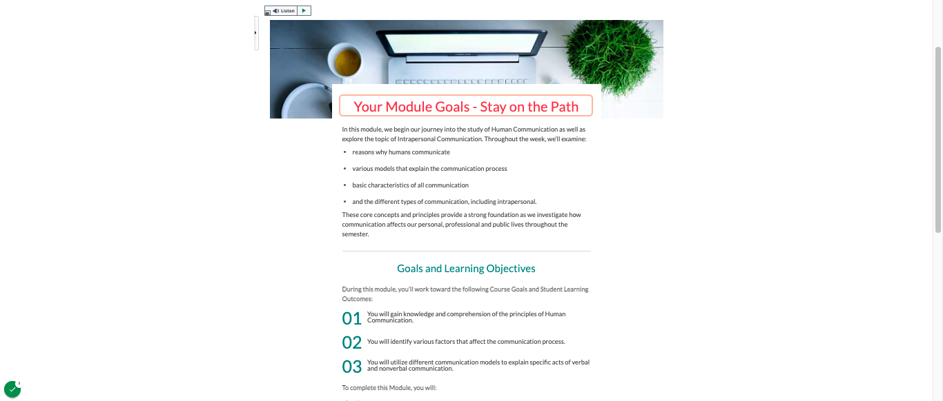 Module Component 2: "Stay on the Path" pages to outline module goals and outcomes and correlate with the "journey" course narrative