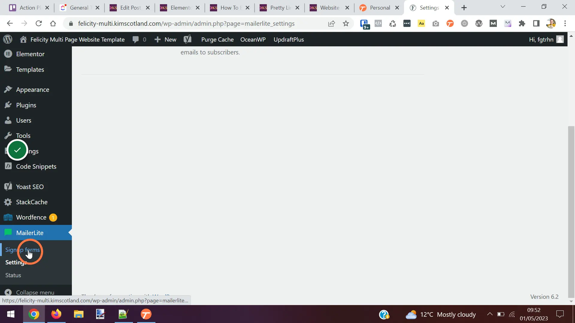 The user clicking Signup forms below the MailerLite option in the main menu.