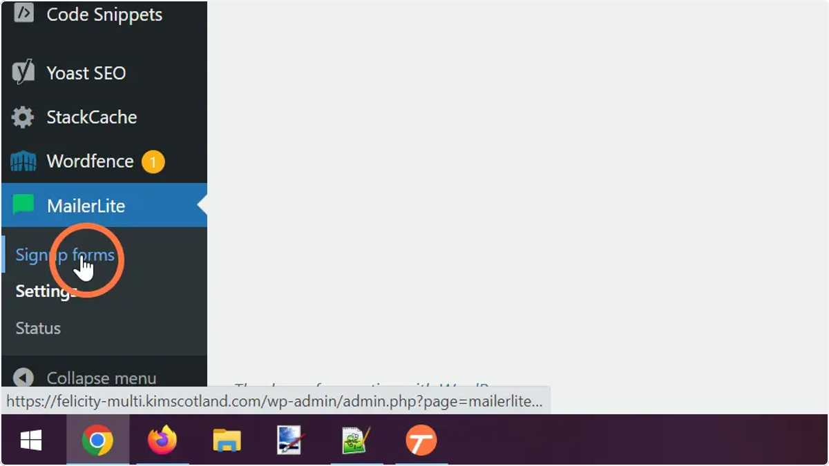 The user clicking Signup forms below the MailerLite option in the main menu.