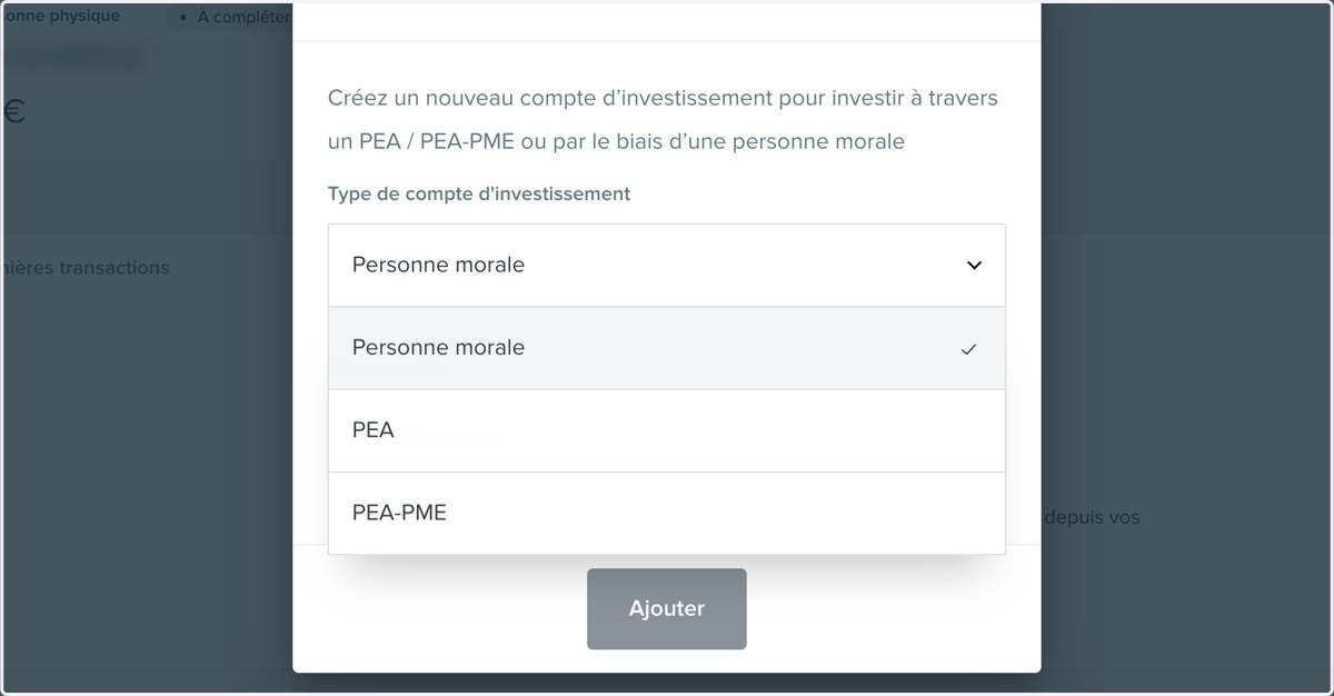Sélectionner "Personne morale" dans le type de compte d'investissement.