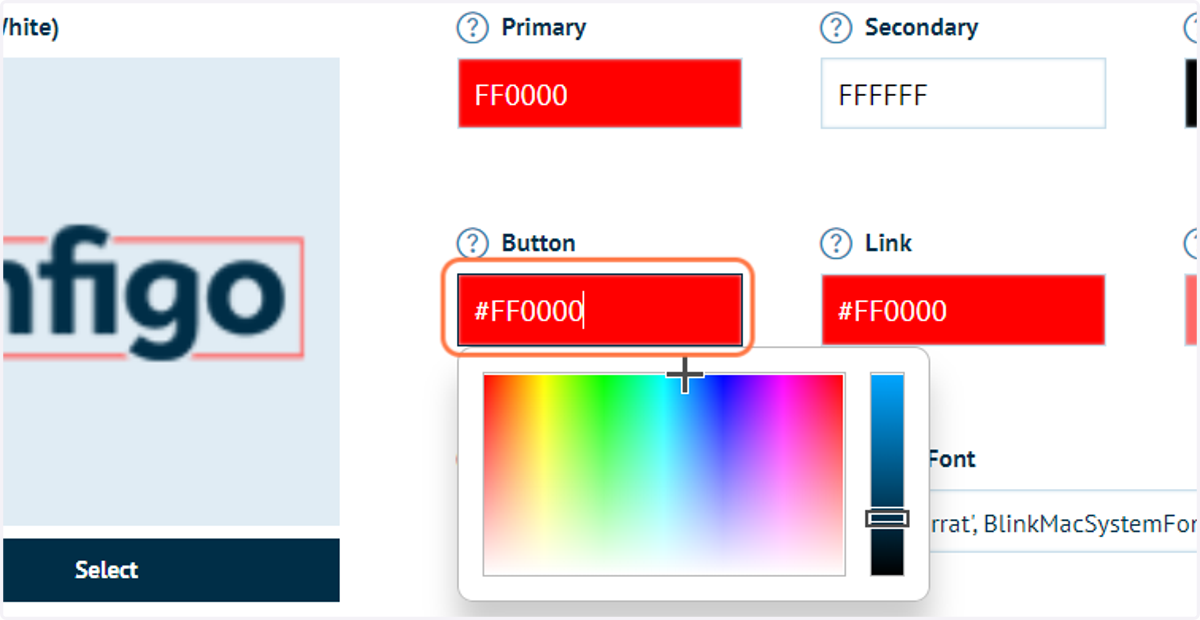 Define your button colour with a hex value or using the colour picker