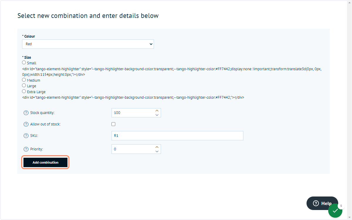 Define combination options and click on Add combination