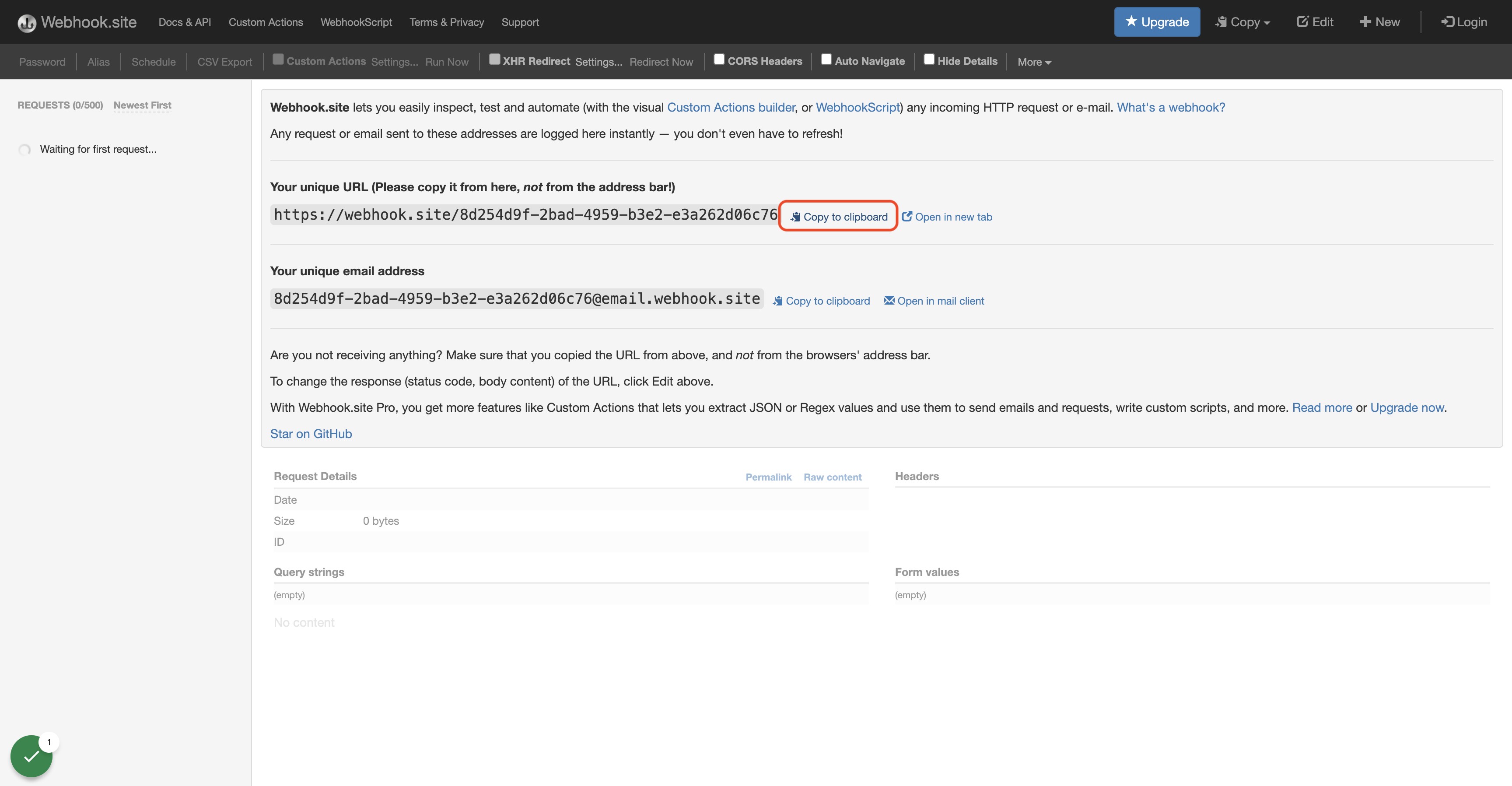 Click on "Copy to clipboard" next to your unique Testing Webhook on the homepage