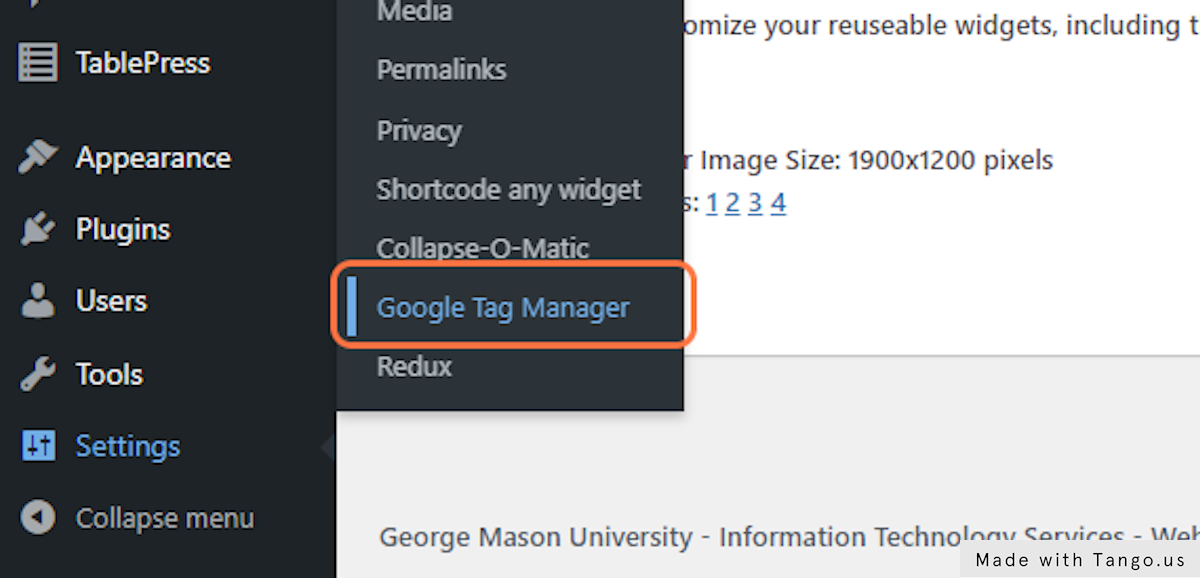 Click on Settings -> Google Tag Manager” width=”600″></p>



<h3>3. Paste the GTM Container ID into the “Google Tag Manager ID” field.</h3>



<figure class=