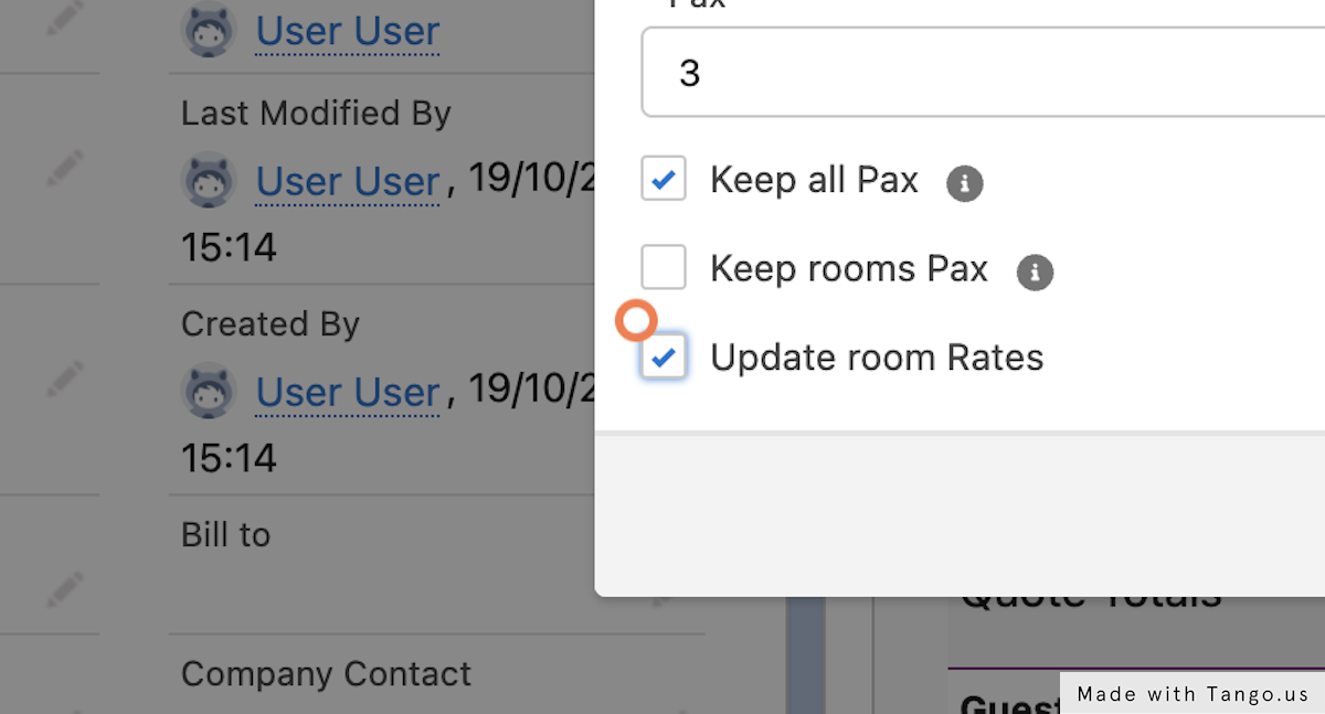 To update the room rates to the rates corresponding to the new Quote dates, check Update Room Rates. If blank, rates will be the same as the original quote. 