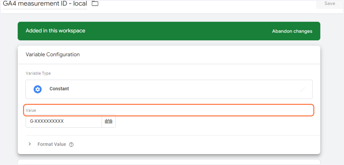 Enter the appropriate GA Measurement ID into the "Value" field