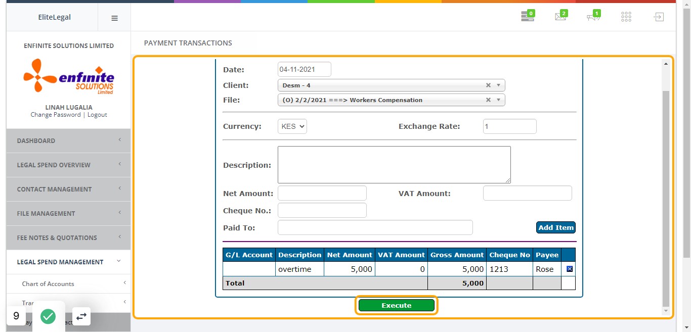 To submit click on the Execute button at the bottom of the page