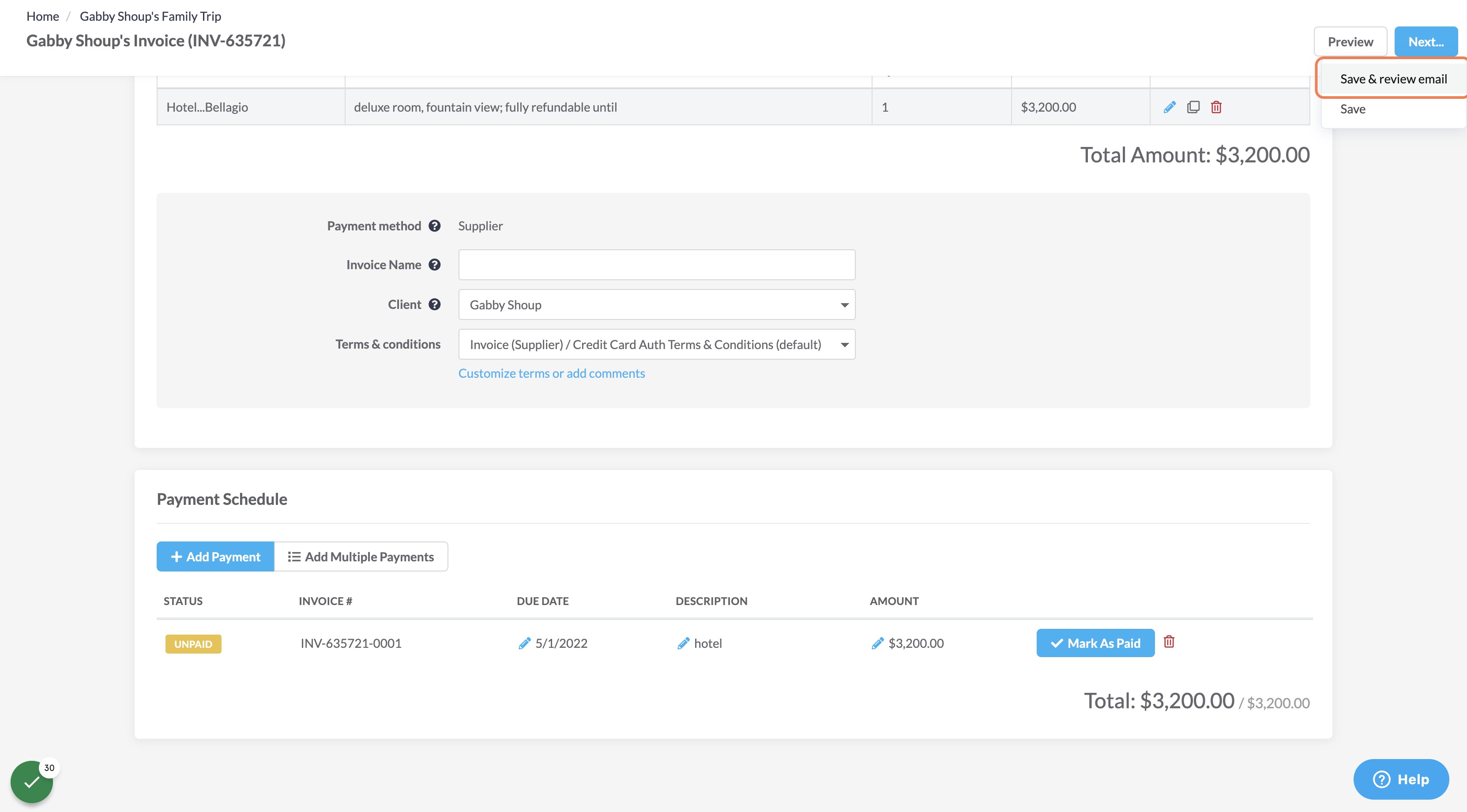 Click on Save & review email if sending to client
