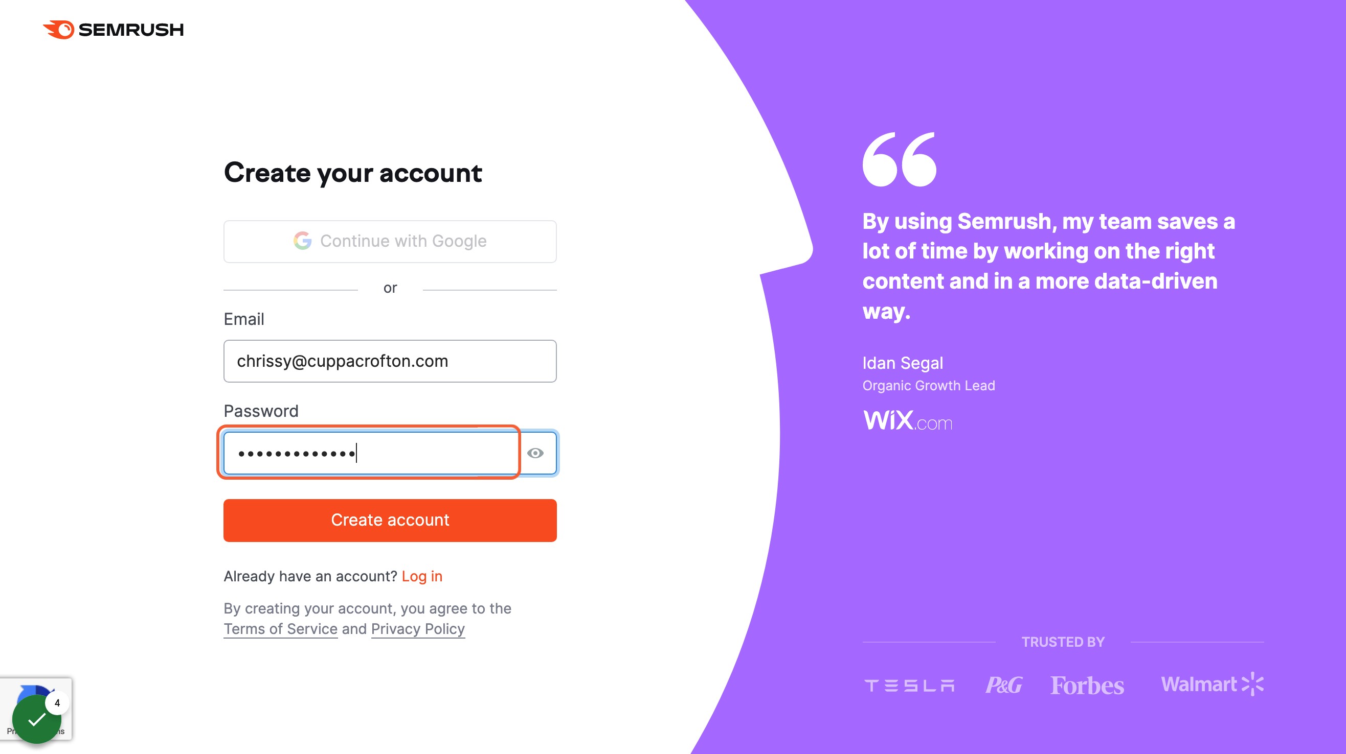 Enter the email address and password you want to use for your account and then click on Create account.