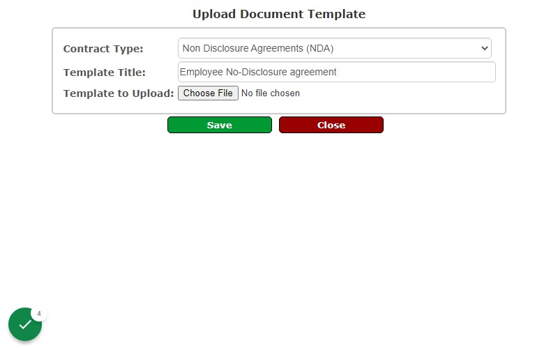Fill in all the details in the pop out form as shown below i.e. select the contract type, template title and template to upload