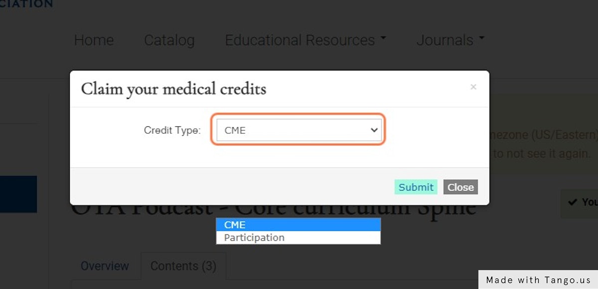 You will then be prompted to select "CME" or "participation".