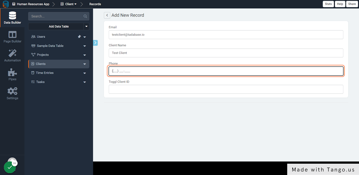 Create a new client record. Make sure to fill out the Client Name field.