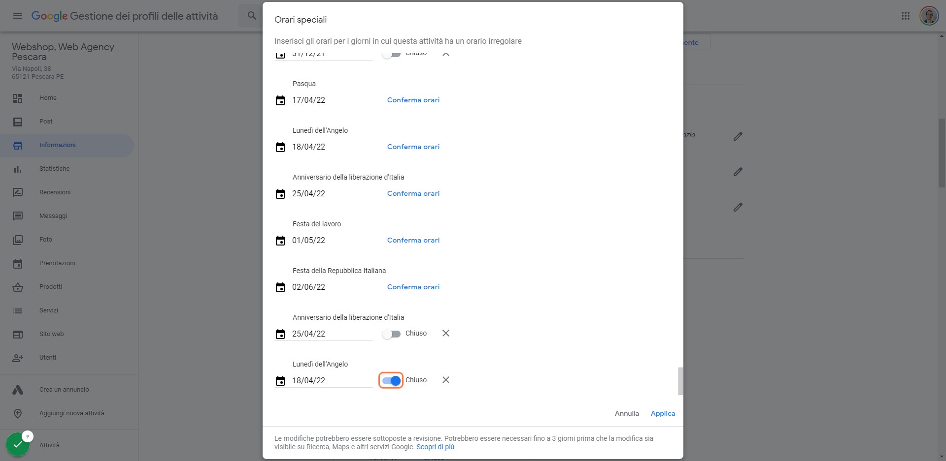 Click sulla checkbox e seleziona chiuso