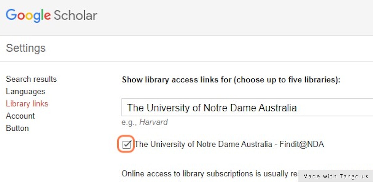 Check the box for "The University of Notre Dame Australia - Findit@NDA"