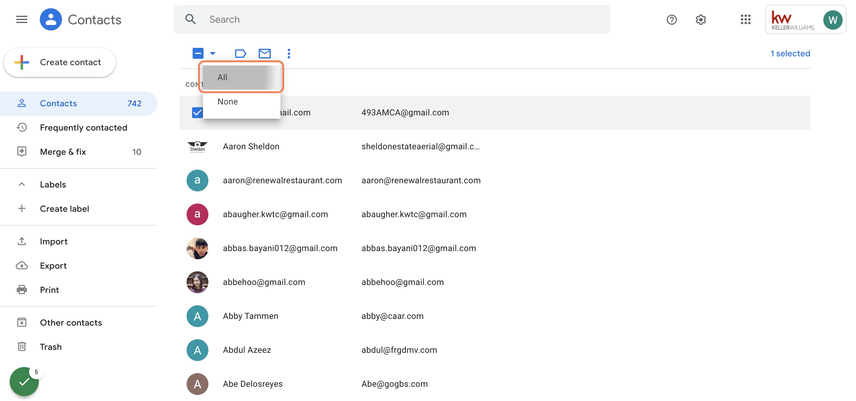 Click on All to select all contacts