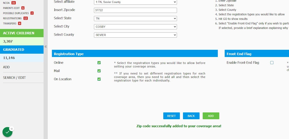 Click on Add- you will see the message Zip code successfully added to your coverage area!