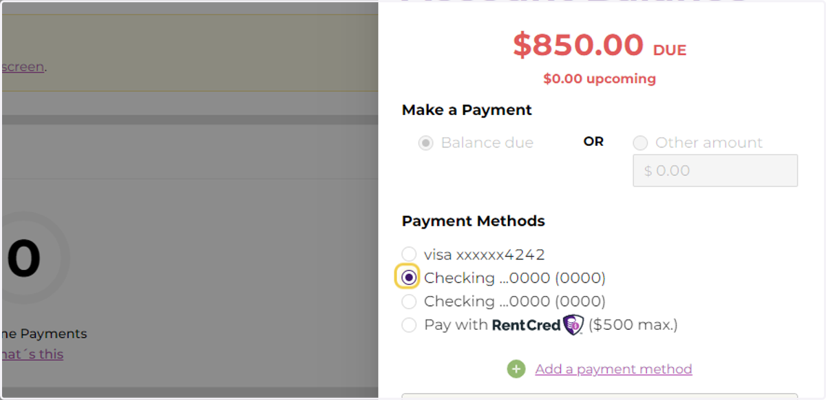 Select the Amount to Pay and Payment Method.