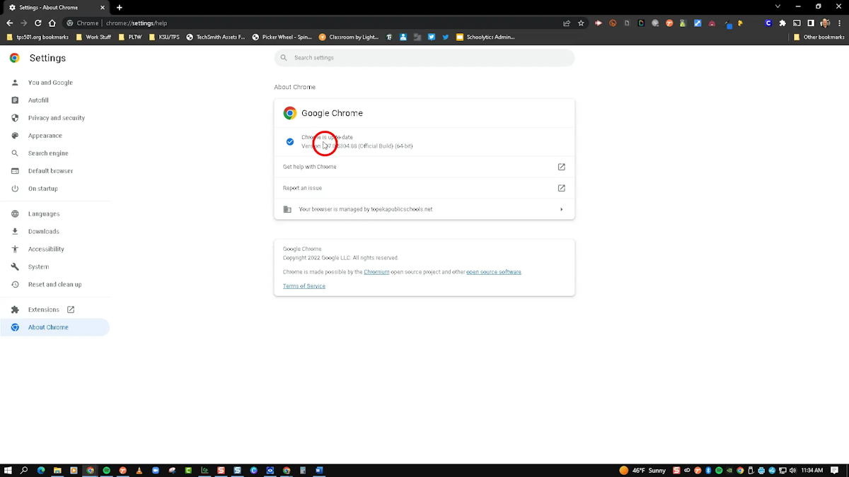 Chrome will automatically check if an update is available. If one is available the update will automtically download. You will see the progress here. When the download is complete, you will see a "Relaunch" button to the right. Click that button to install the update.