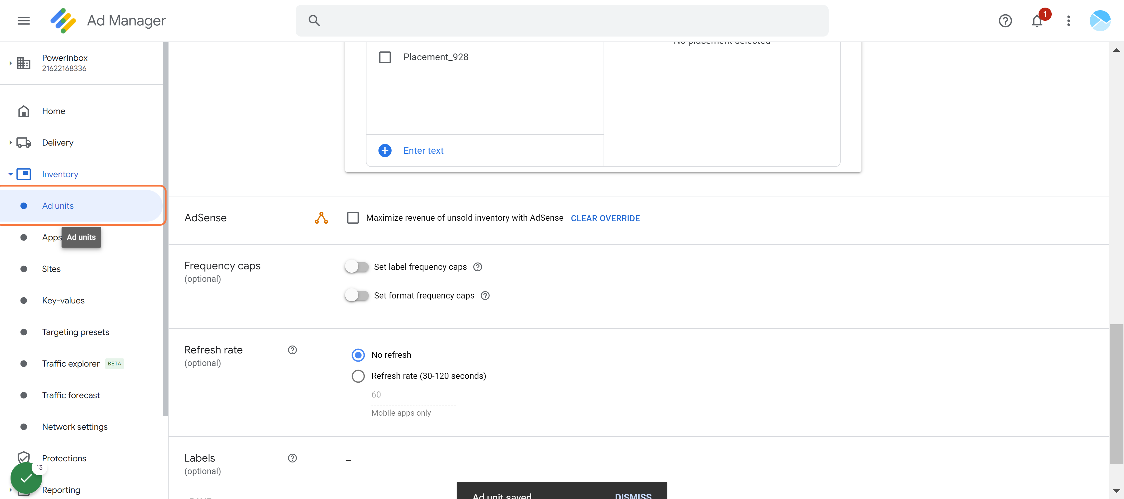 Go back to Ad units on the left menu option
