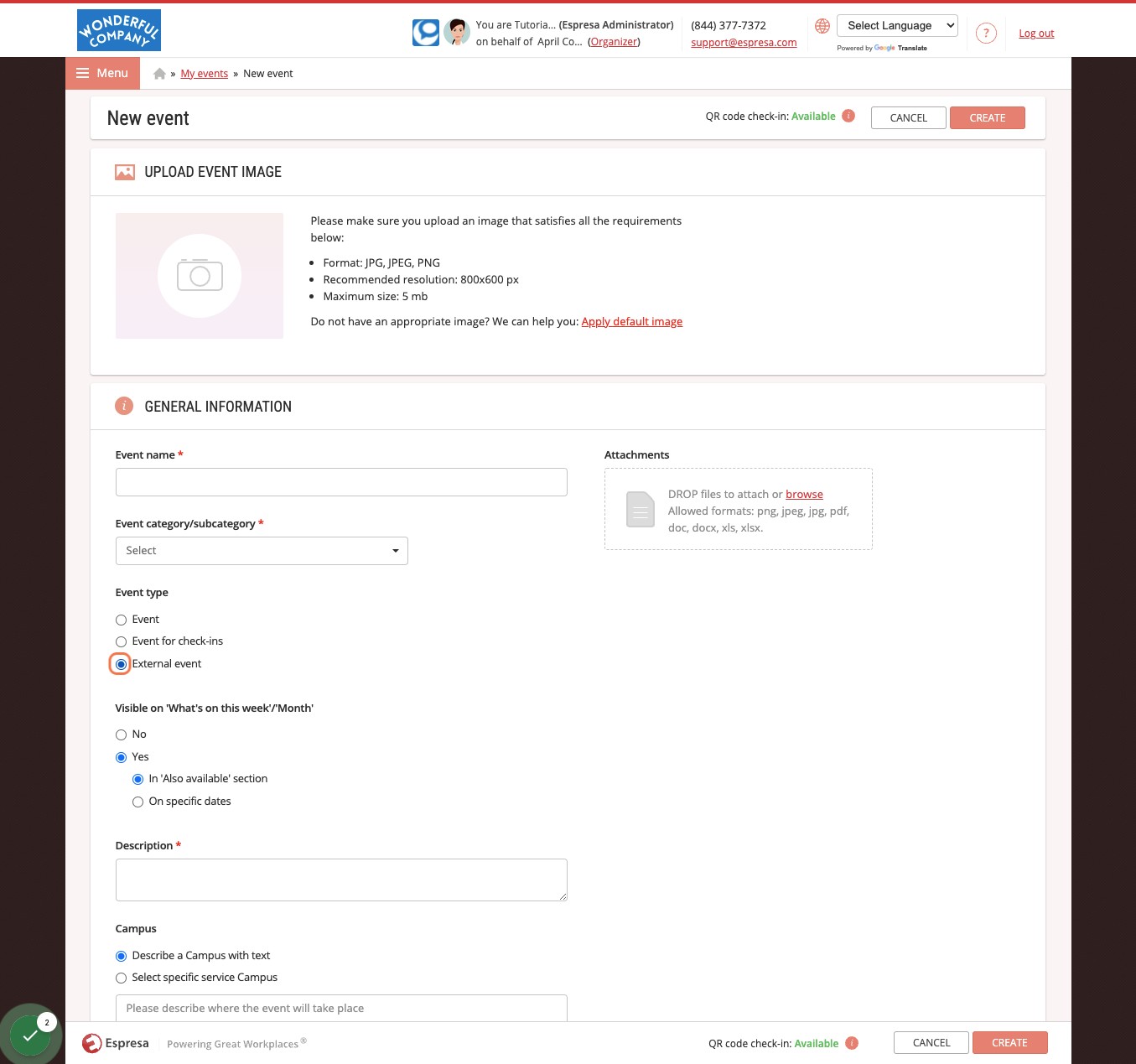 When creating the Event, select 'External event' as the Event type
