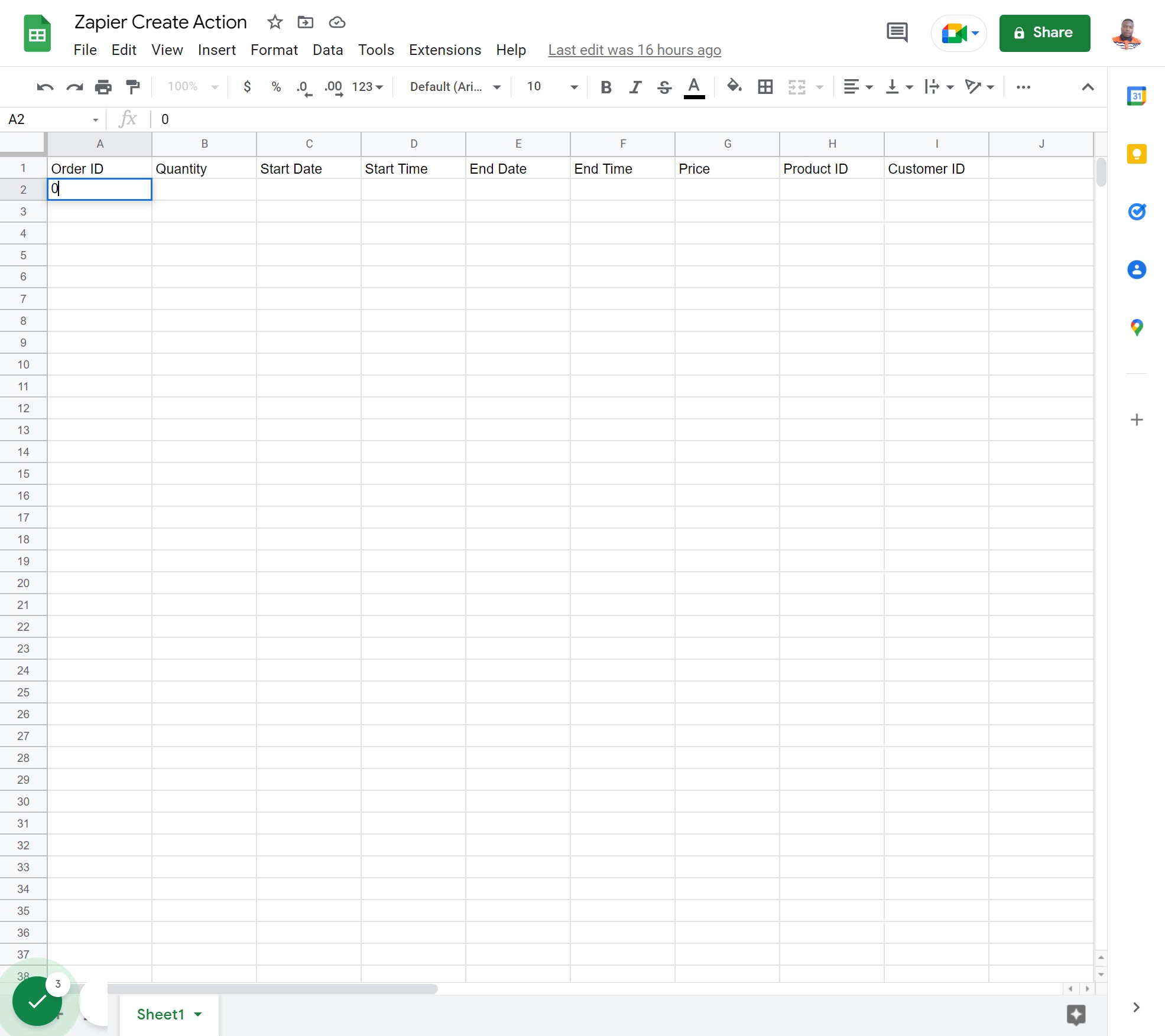 Sample Data for Order ID