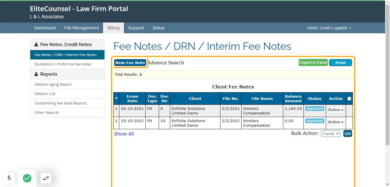 To raise a fee note, click on New Fee Note button