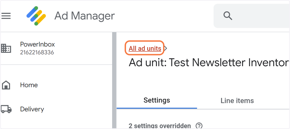 Head back and find the parent ad unit so we can create the next child placement