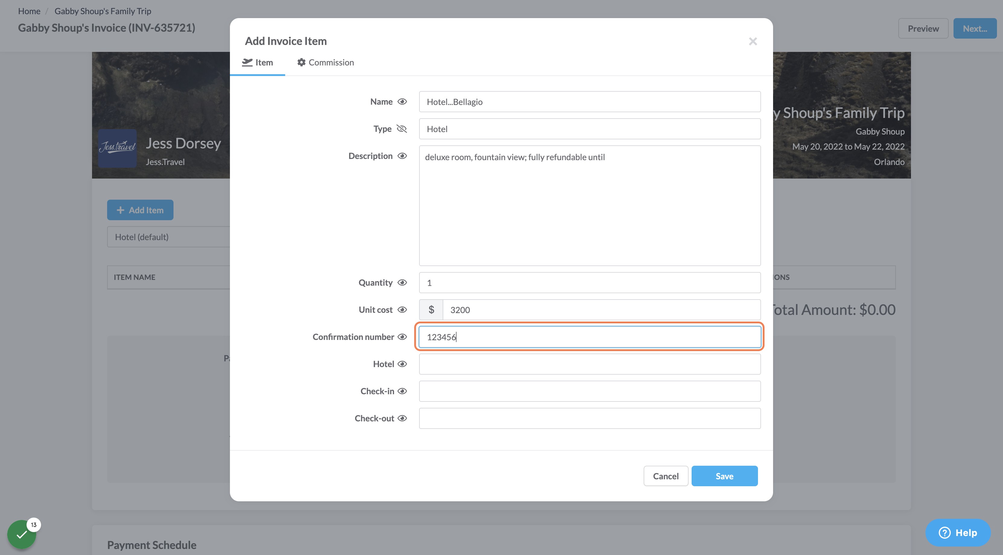 Fill in total price and confirmation numbers and dates of reservation