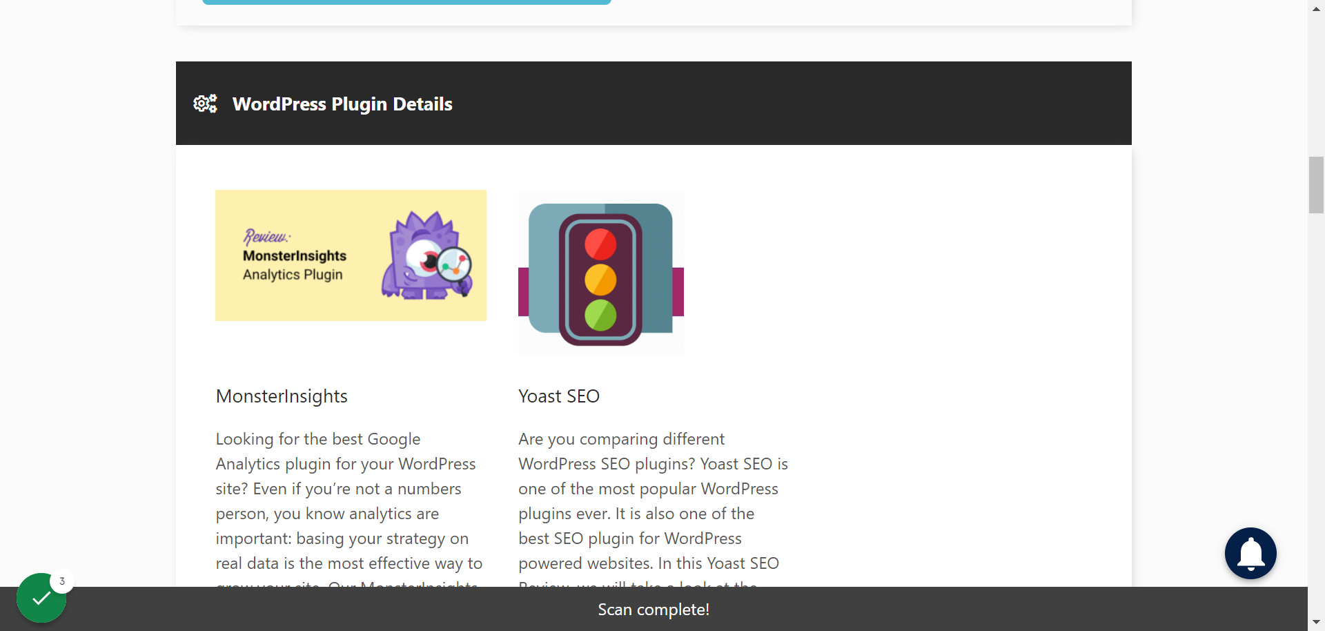 Screenshot of the IsItWP website showing the plugins from kimscotland.com that it was able to detect, Monster Insights and Yoast SEO.