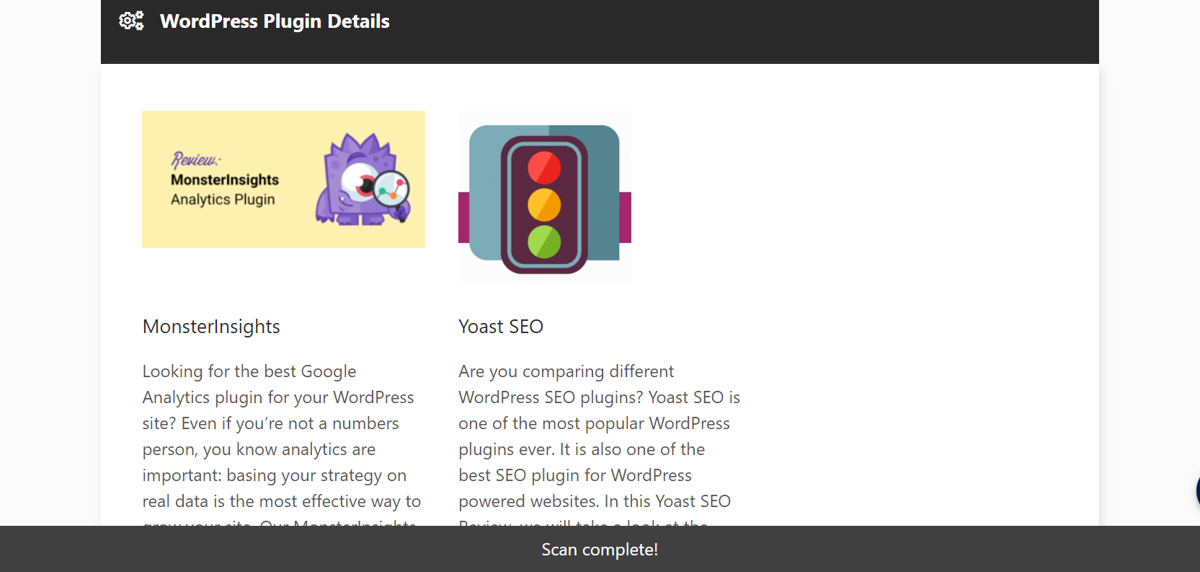 Screenshot of the IsItWP website showing the plugins from kimscotland.com that it was able to detect, Monster Insights and Yoast SEO.