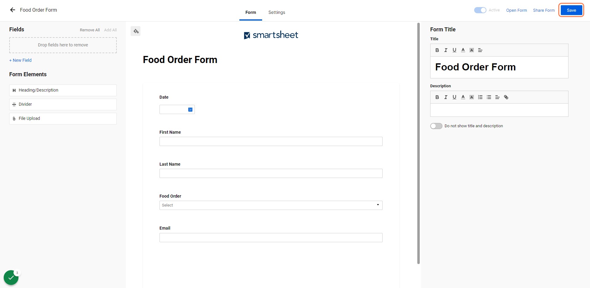 You can then edit the form as desired. When finished, click on Save.