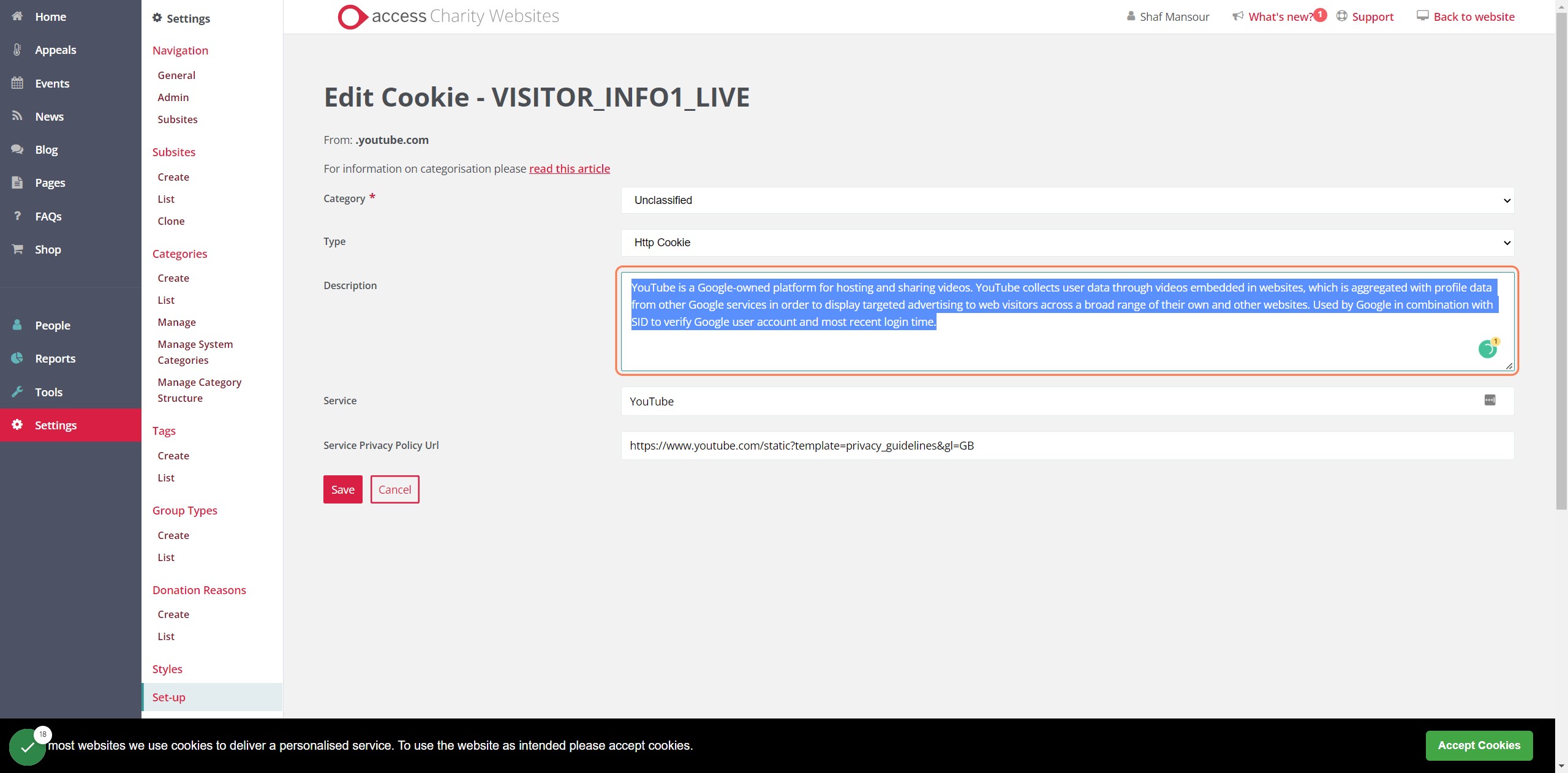 Configure the cookie details as needed