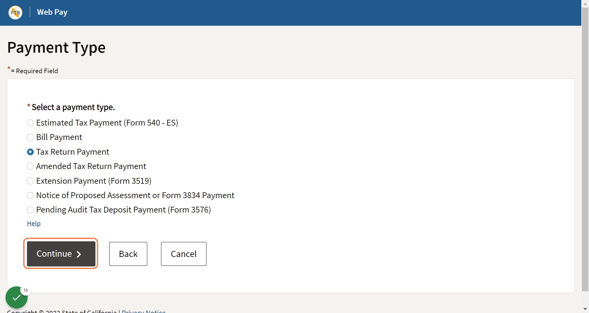 Click "Tax Return Payment"