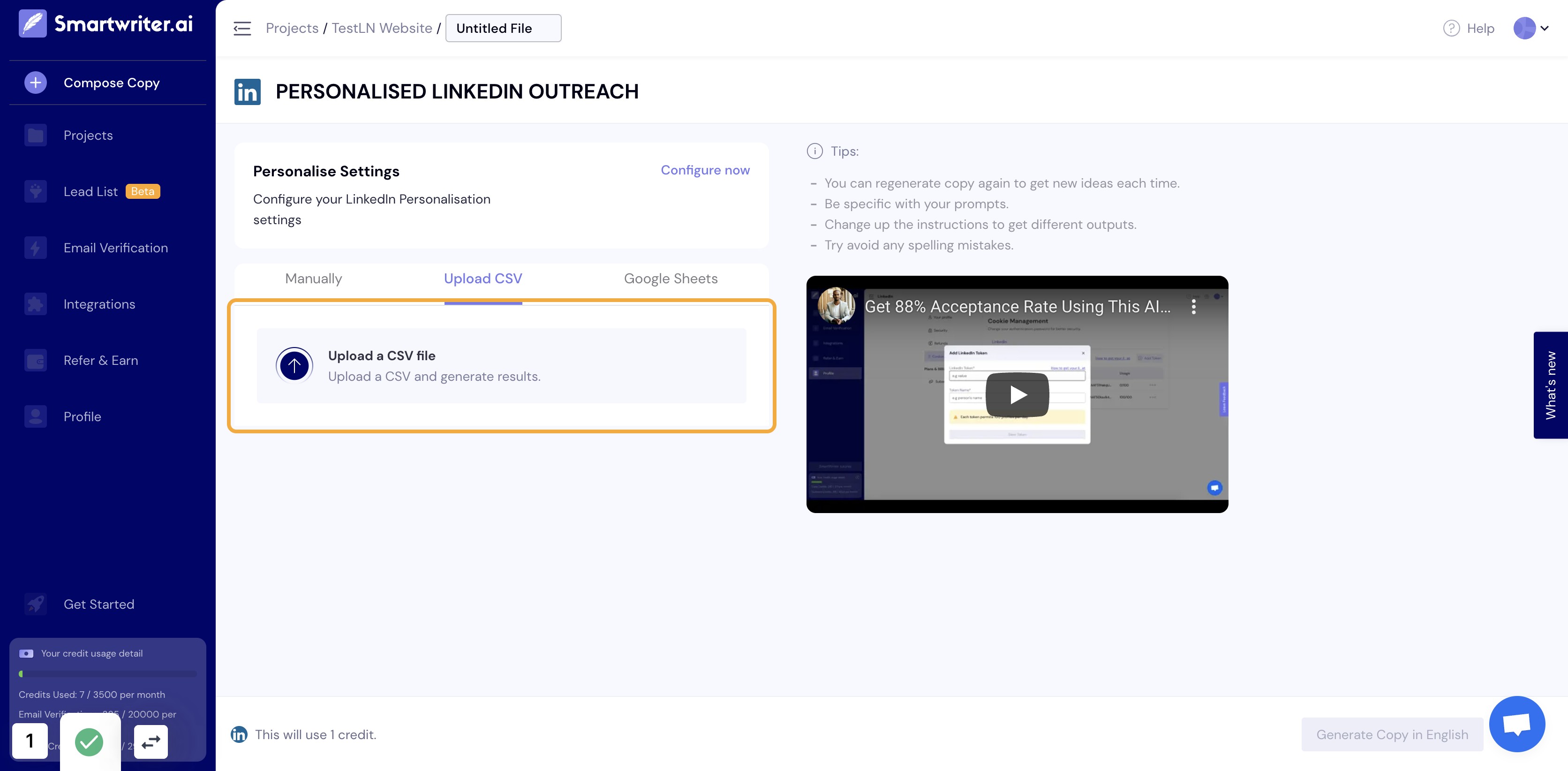 Click on Upload a CSV file Upload a CSV and generate results.
