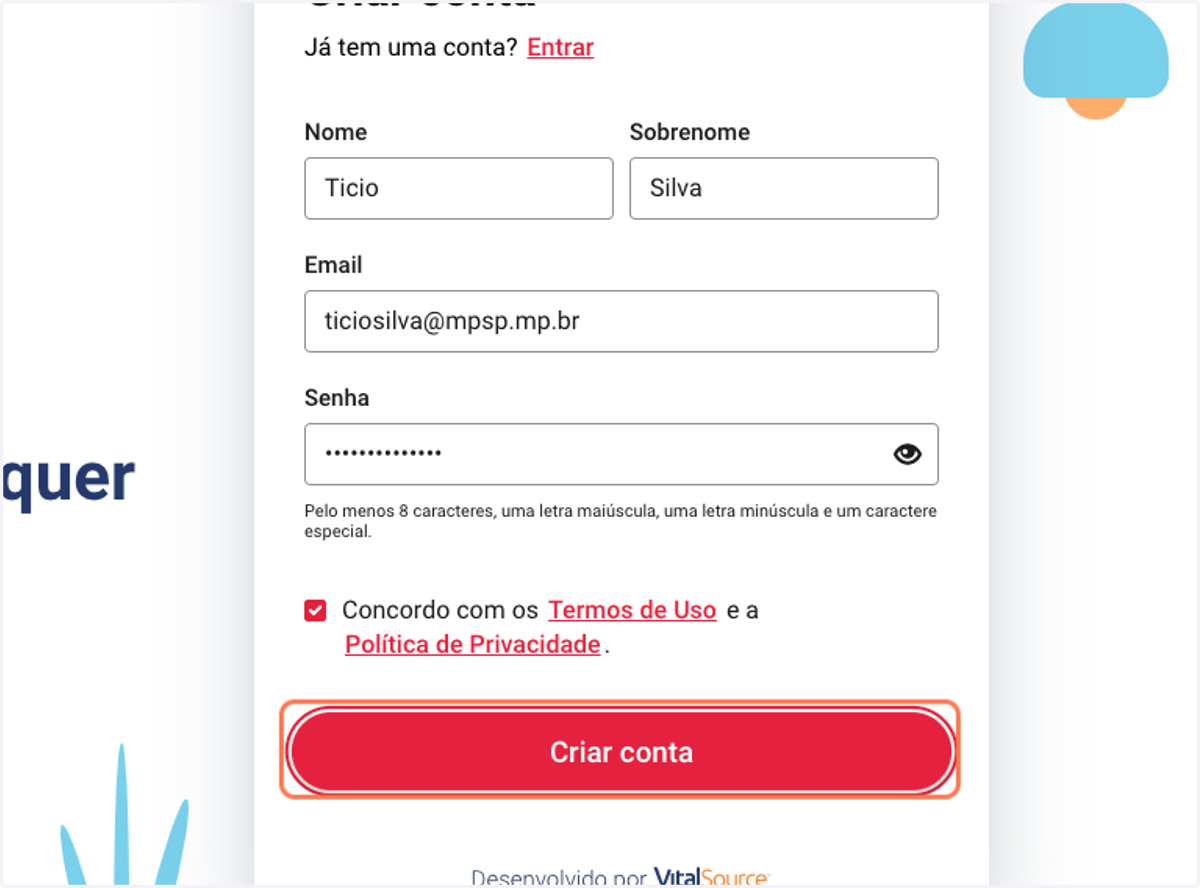 Clique em criar conta
