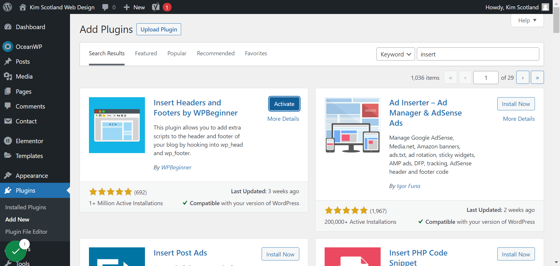 Click on Install then Activate next to Insert Headers and Footers by WPBeginner