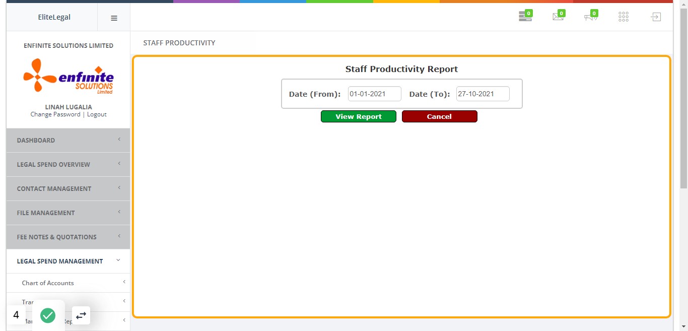 Fill in the details in the pop out Staff Productivity Report form i.e date