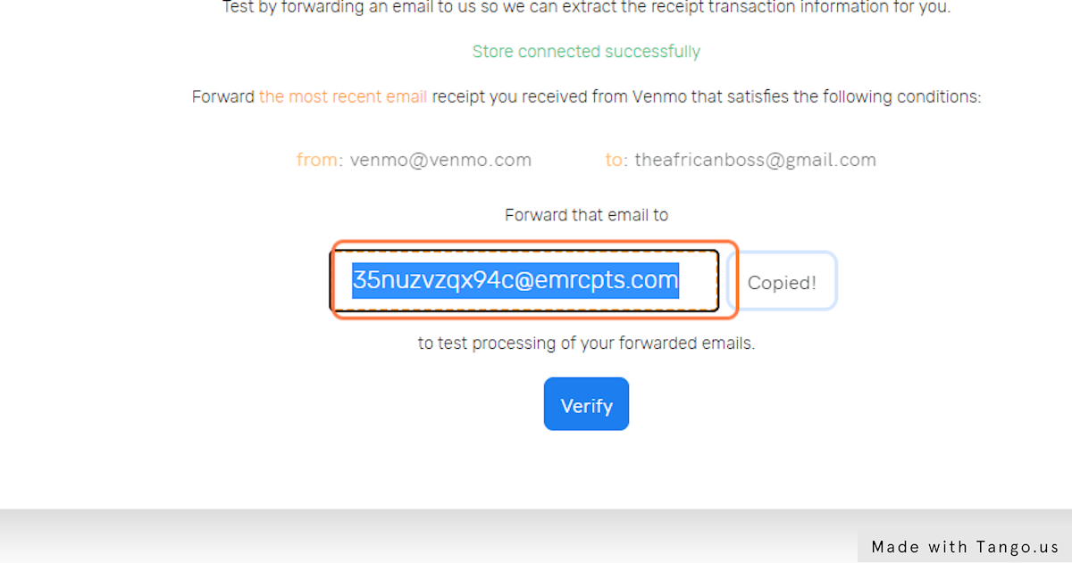 Copy your generated email address "*****@emrcpts.com" linked to your financial institution