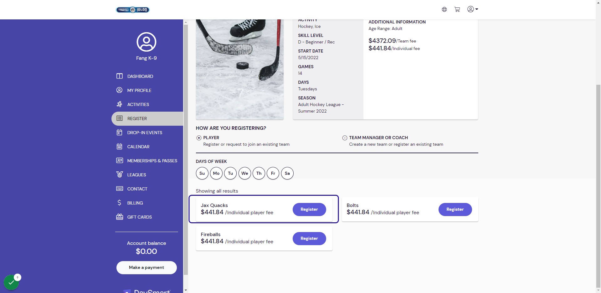 Locate your team and click Register.