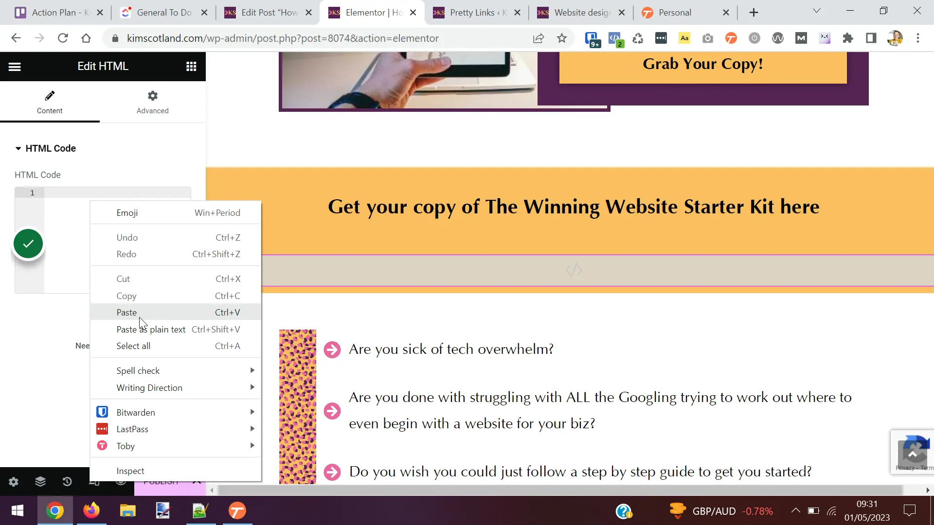 The user right-clicking on the HTML code text area in the Elementor options panel.