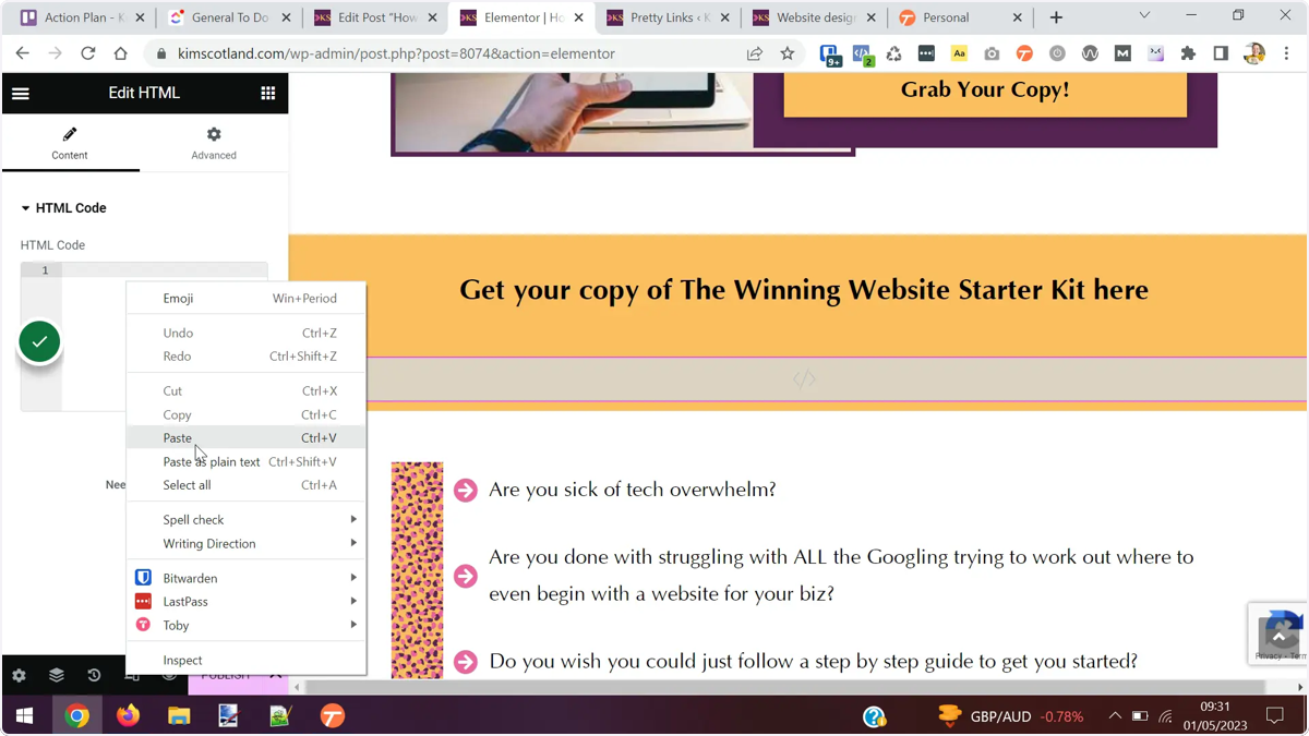 The user right-clicking on the HTML code text area in the Elementor options panel.