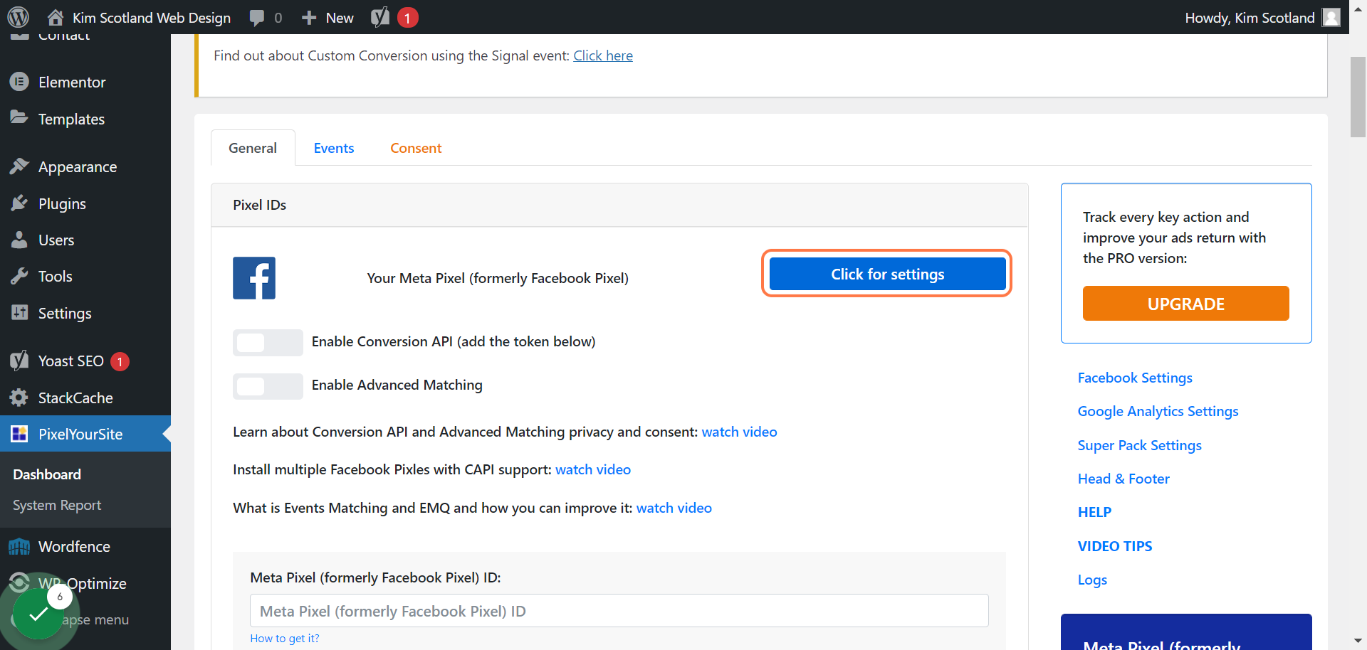 Click on Click for settings opposite the Facebook logo