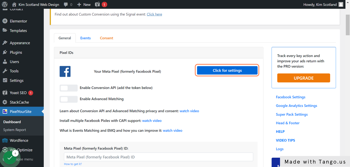 Click on Click for settings opposite the Facebook logo