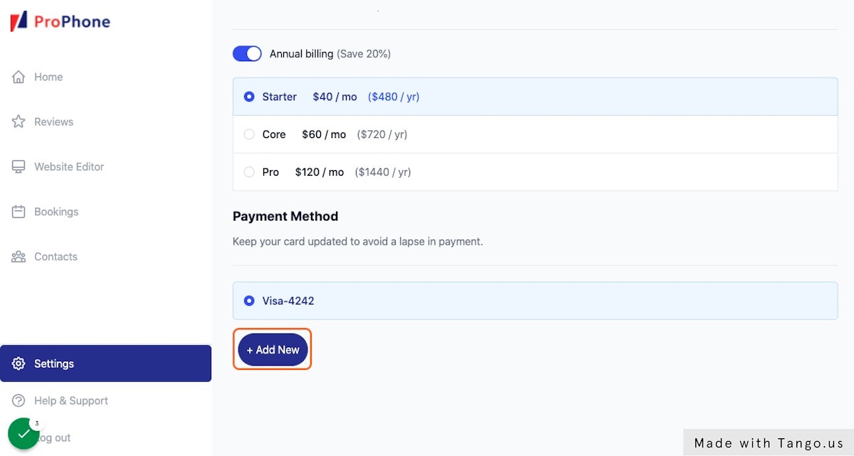Scroll down on the page and click "Add New" under "Payment Method"