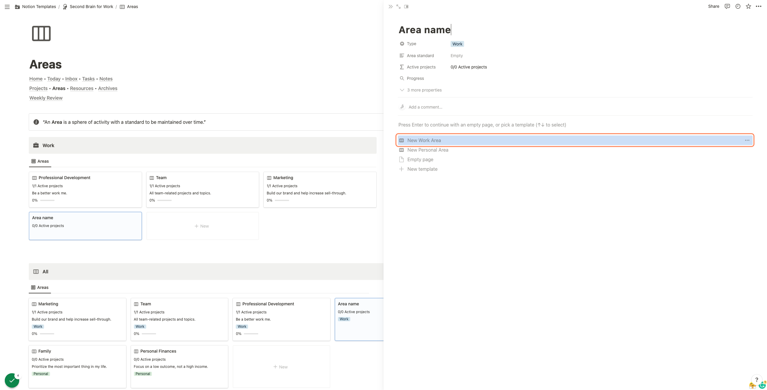 Click on "New Work Area" or "New Personal Area" to automatically add the pre-made template