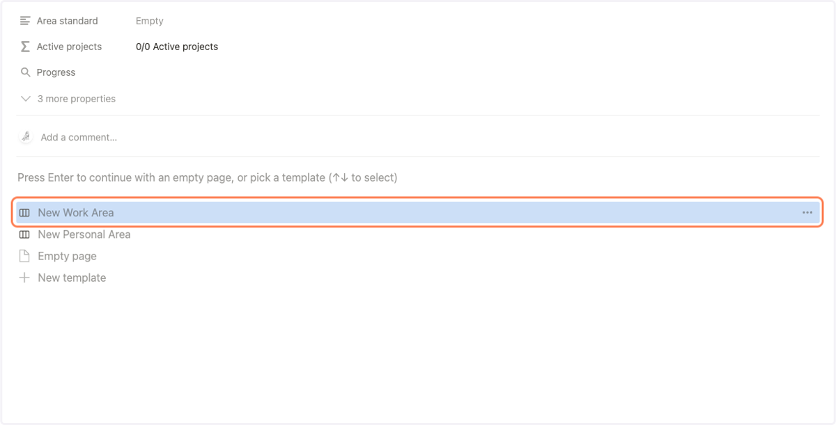 Click on "New Work Area" or "New Personal Area" to automatically add the pre-made template