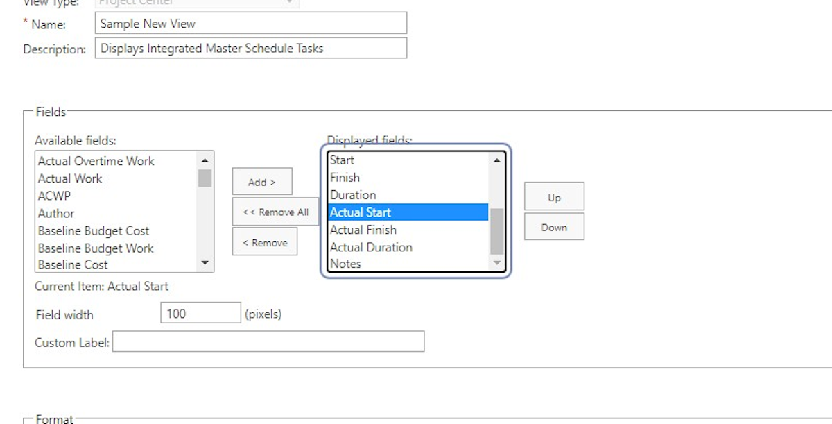 Select Actual Start from Displayed fields to adjust the width