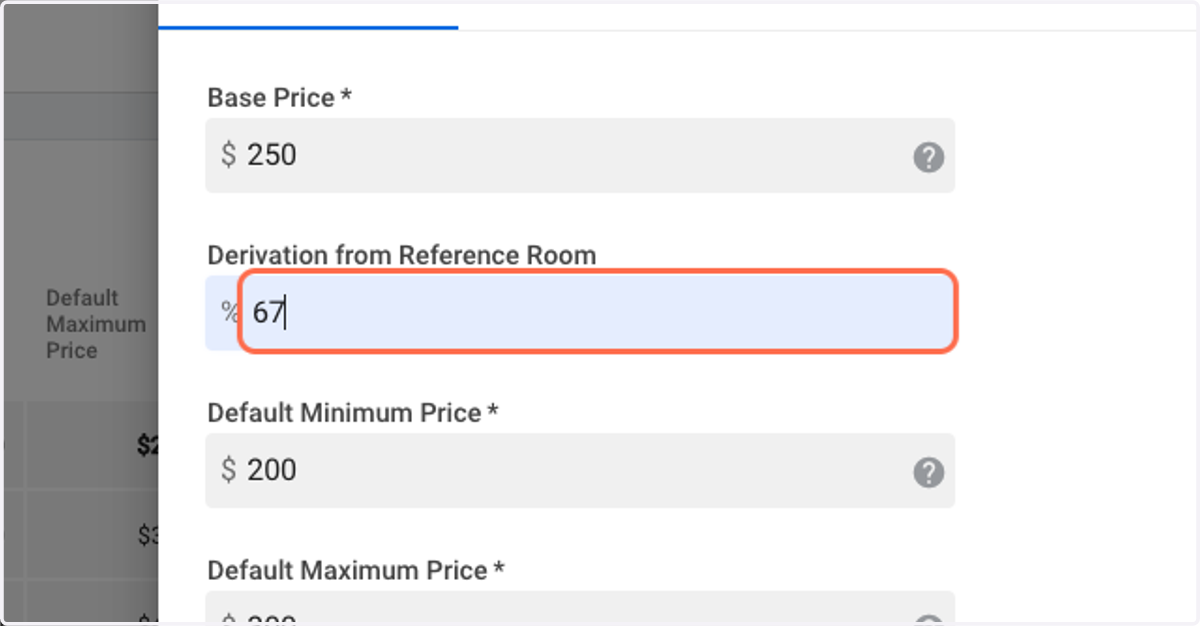 Input the desired Relative Derivation Value (in Percent) for the selected room type.