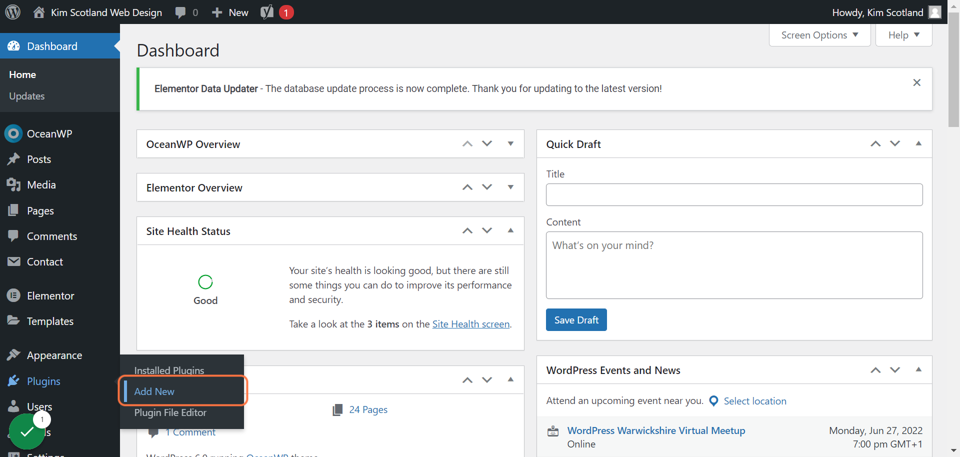 Hover over the Plugins menu on the left hand panel and click Add New.